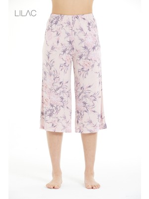 Lilac Konforlu Çiçek Desenli %100 Viscon Capri Pantolon