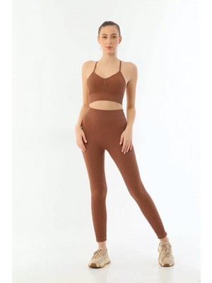 Hace Bazaar Marsilyan- Kahve  3921 Soft Seamless Ripli Tayt Yoga Takımı