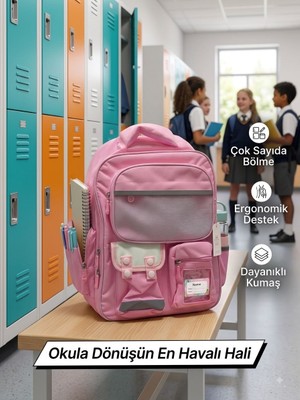 Tüftürük Özel Tasarım Pembe Okul Çantası Düzenli Şık ve Dayanıklı Bölmeli