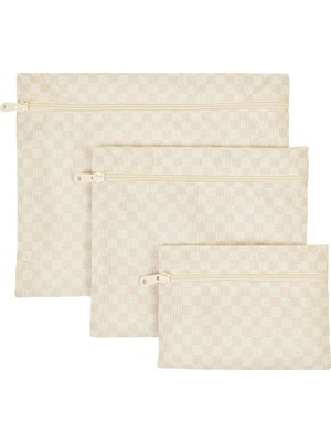 Kazan Hobi Ocean Home Textile 3'lü Su Geçirmez Pvc Astarlı Bej Dama Desen Islak Kuru Çantası 20 x 13/24 x 20/30 x 24 cm