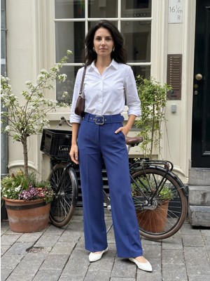Rampell Kemerli Bol Paça Yüksek Bel Cepli Saks Pantolon - CNSV1040