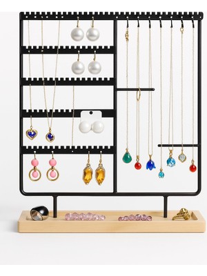 Kazan Hobi Onomo Takı Organizeri, Takı Standı Metal Stand ve Ahşap Taban, 35X30X9.5 Cm, Küpe Kolye Yüzük Düzenleyici, Siyah