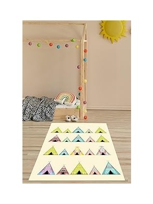 Kazan Hobi Pelangi Kızılderili Çadırı Desenli Renkli Dijital Baskı Yıkanabilir Kaymaz Taban Çocuk Odası Halısı, Krem-Pembe 60 x 120