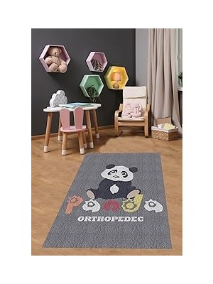 Kazan Hobi Pelangi Sevimli Panda Gri Yıkanabilir Kaymaz Taban Leke Tutmaz Çocuk Odası Halısı, Siyah-Beyaz-Gri-Turuncu 80 x 350, 9038680056280350