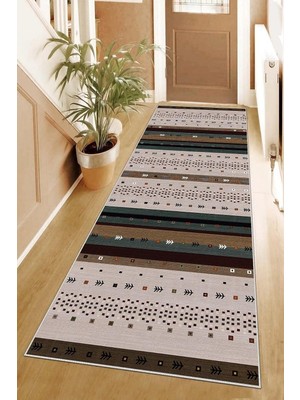 Kazan Hobi Pelangi Kilim Desenli Etnik Dijital Baskı Yıkanabilir Kaymaz Taban Modern Salon Halı ve Yolluk, Bej-Yeşil 100 x 200, 9555764111002007