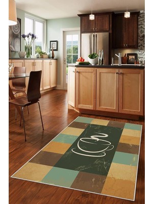 Kazan Hobi Pelangi Yeşil Kahve Fincanlı Patchwork Desenli Yıkanabilir Kaymaz Taban Leke Tutmaz Modern Mutfak Halısı, Kahverengi 100 x 200