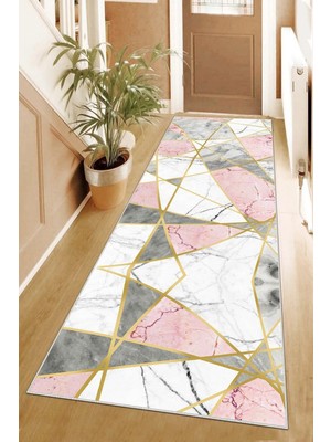 Kazan Hobi Pelangi Mermer Desenli Gold Şeritli Dijital Baskı Yıkanabilir Kaymaz Taban Kilim Model Salon Halısı, Gri 80 x 400, 95554260804007