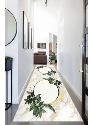 Kazan Hobi Pelangi Mermer Desenli Yapraklı Dijital Baskı Yıkanabilir Kaymaz Taban Modern Salon Halısı ve Yolluk, Ekru-Yeşil 100 x 500, 95546631005007