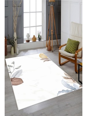 Kazan Hobi Pelangi Beyaz Zemin Yaprak Desenli Yıkanabilir Kaymaz Taban Leke Tutmaz Modern Salon Halısı ve Yolluk, Beyaz-Mavi 80 x 350