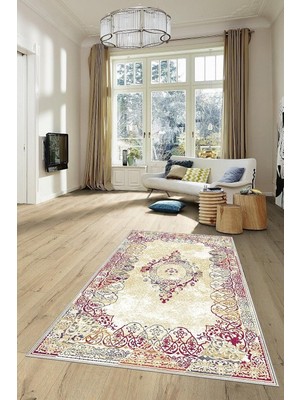 Kazan Hobi Pelangi Klasik Işleme Desenli Vintage Dijital Baskı Yıkanabilir Kaydırmaz Taban Modern Salon Halısı, Fuşya-Krem 160 x 300