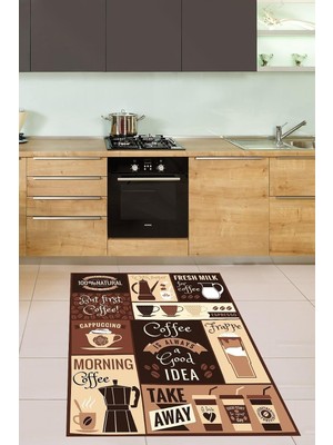 Kazan Hobi Pelangi Coffe Temalı Fincan Kahve Dijital Baskı Yıkanabilir Kaymaz Taban Leke Tutmaz Mutfak Halısı, Kahverengi 120 x 160