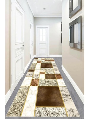 Kazan Hobi Pelangi Mermer Desenli Gold Şeritli Dijital Baskı Yıkanabilir Kaymaz Taban Kilim Model Salon Halısı, Kahverengi 80 x 350, 9554407803507