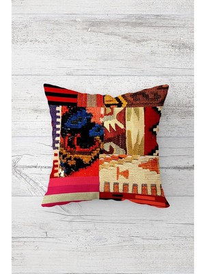 Kazan Hobi Pelangi Etnik Kilim Motifli Patchwork Çift Taraflı Gizli Fermuarlı Yastık Kılıf Kırlent Koltuk Yastık Kılıfı, Bej-Bordo 45 x 45