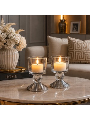 Vien Home 2'li Kristal Detaylı Cam Mumluk – Gümüş Metal Ayaklı Dekoratif Şamdan & Tealight Mumluk