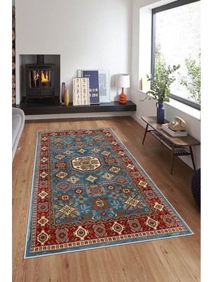Kazan Hobi Pelangi Mavi Zemin Bordo Çerçeve Geometrk Yıkanabilir Kaymaz Taban Leke Tutmaz Modern Salon Halısı ve Yolluk, Petrol Mavisi-Kiremit 160 x 230, 7457106116023005