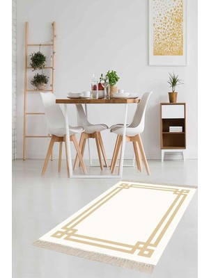 Kazan Hobi Pelangi Geometrik Desenli Dijital Baskı Yıkanabilir Kaymaz Taban Düz Model Salon Halısı ve Yolluk (Bej), Krem-Gold 160 x 240