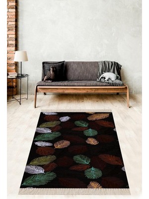 Kazan Hobi Pelangi Kuş Tüyü Yaprak Desenli Yıkanabilir Dijital Baskılı Kaymaz Taban Leke Tutmaz Salon Halısı ve Yolluk, Siyah 120 x 200, 910356120200728