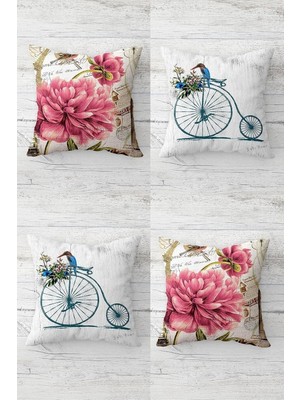 Kazan Hobi Pelangi Vintage Karanfil Sinekkuşu Bisiklet Gizli Fermuarlı Kırlent Kılıfı Koltuk Yastık Kılıfı TAKIM(4ADET), Bej-Mavi-Pembe 45 x 45