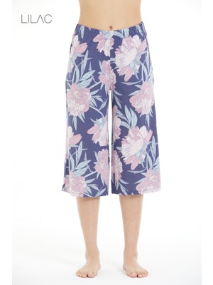 Lilac Konforlu Çiçek Desenli %100 Viscon Capri Pantolon