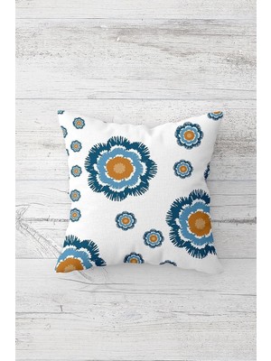 Kazan Hobi Pelangi Çiçekli Motif Çift Tarafı Baskılı Gizli Fermuarlı Yastık Kılıfı Kırlent Koltuk Yastık Kılıfı, Beyaz-Mavi 45 x 45