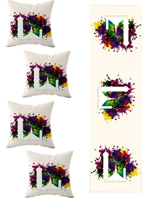 Kazan Hobi Pelangi Ramadan Kareem Renkli Boyalı Masa Değişik Ranır Modelleri Dekoratif 4'lü Kırlent Kılıfı Runner Seti, Bej-Sarı-Mor-Mavi 40 x 140