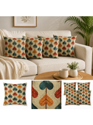 Kazan Hobi Vıvaluxe 4’lü Dijital Baskılı Dekoratif Yastık Kılıfı Seti 45X45 cm - Retro Yaprak Deseni, Sonbahar Renkleri (Kırmızı, Turuncu, Gri) - Keten Dokulu Kumaş, Yumuşak ve Dayanıklı Kırlent Kılıfı - Ev, Ofi