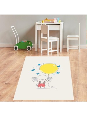 Kazan Hobi Pelangi Filli Balonlu Kelebekli Dijital Baskı Yıkanabilir Kaymaz Taban Fil Desenli Bebek Odası Halısı, Beyaz 160 x 240