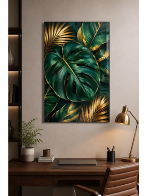 Mythog Tropikal Yaprak Desenli Baskılı Cam Tablo – Gold Detaylı Uv Baskı Duvar Tablosu