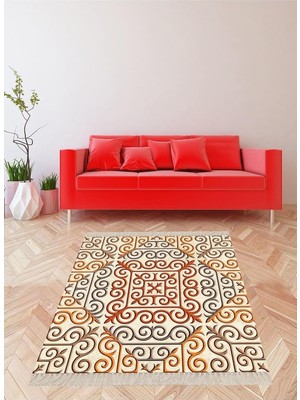 Kazan Hobi Pelangi Geometrik Desenli Dijital Baskı Yıkanabilir Kaymaz Taban Etnik Kilim Desen Salon Halı, Bej-Turuncu 120 x 200