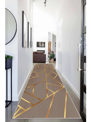 Kazan Hobi Pelangi Gold Çizgili Geometrik Desenli Dijital Baskı Yıkanabilir Modern Salon Halı ve Yolluk (Vizon), Gold-Siyah 100 x 350, 955412311003507
