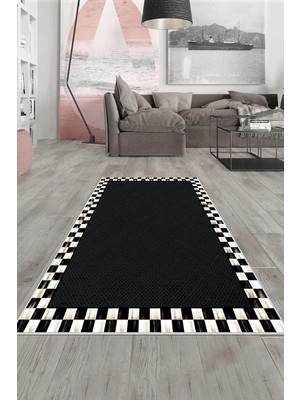 Kazan Hobi Pelangi Siyah Beyaz Dama ve Hasır Desen Yıkanabilir Kaymaz Taban Leke Tutmaz Modern Salon Halısı ve Yolluk, Siyah-Beyaz 130 x 180