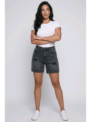 Hies Antrasit Düz Paça Esnek Yüksek Bel Kadın Kot Şort, Yırtık Detaylı Jeans 40 cm