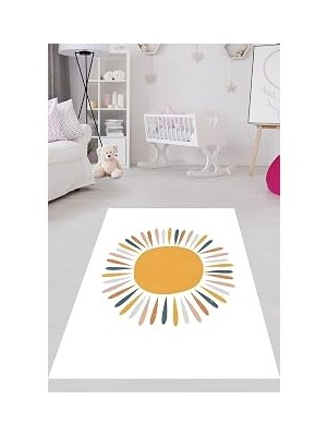 Kazan Hobi Pelangi Bohem Iskandinav Beyaz Zemin Güneş Desenli Yıkanabilir Kaymaz Leke Tutmaz Çocuk Halı, Beyaz-Sarı 160 x 350
