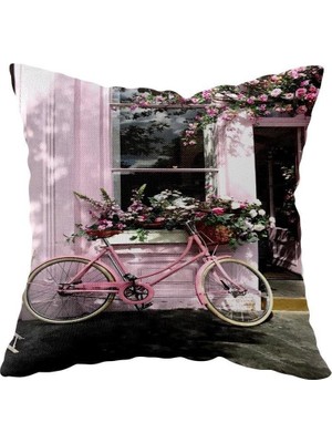 Kazan Hobi Pelangi Şehirde Pembe Bike Çift Taraflı Gizli Fermuarlı Yastık Kılıfı Kırlent Koltuk Yastık Kılıfı, Pudra Pembesi 43 x 43