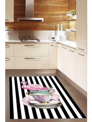 Kazan Hobi Pelangi Fincan Flamingo Desenli Dijital Baskılı Kaymaz Taban Yıkanabilir Leke Tutmaz Mutfak Halısı, Pembe 80 x 600