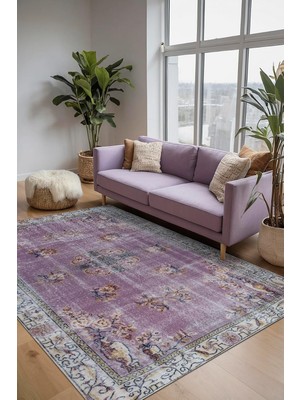 Kazan Hobi Lavans Vintage Desenli Şönil Pamuk Tabanlı Yıkanabilir Kaymaz Antibakteriyel Salon Halısı 160X230