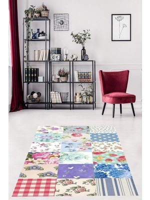 Kazan Hobi Pelangi Patchwork Kırkyama Desen Çiçekli Yıkanabilir Kaymaz Taban Leke Tutmaz Salon Halısı Yolluk, Mavi-Beyaz-Kırmızı 100 x 400