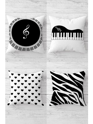 Kazan Hobi Pelangi Piyano Zebra Nota Müzik Gizli Fermuarlı Kırlent Kılıfı Koltuk Yastık Kılıfı TAKIM(4ADET), Siyah-Beyaz 45 x 45