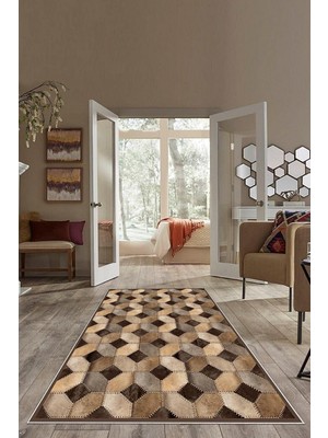 Kazan Hobi Pelangi Kahverengi Dana Desenli Patchwork Yıkanabilir Kaymaz Taban Leke Tutmaz Modern Salon Halısı ve Yolluk, Kahverengi 180 x 280, 74571092180280728