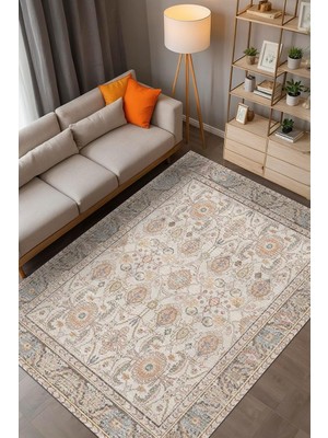 Kazan Hobi Tasle Vintage Desenli Şönil Pamuk Tabanlı Yıkanabilir Kaymaz Antibakteriyel Salon Halısı 100X200