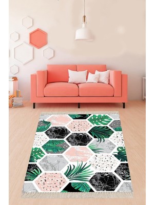 Kazan Hobi Pelangi Tropikal Yaprak Mermer Desenli Halı Dijital Baskı Yıkanabilir Kaymaz Taban Leke Tutmaz Salon Halısı, Çok Renkli 100 x 600