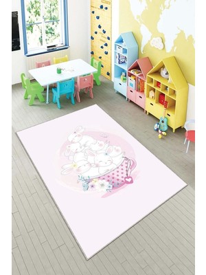 Kazan Hobi Pelangi Pudra Tavşan Desenli Yıkanabilir Kaymaz Taban Leke Tutmaz Bebek ve Çocuk Odası Halısı, Pudra 80 x 500, 90135707780500