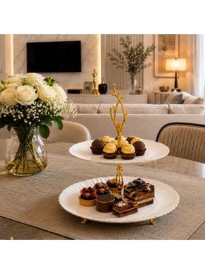 Vien Home 2 Katlı Porselen Kurabiyelik & Sunumluk – Gold Metal Kulplu Dekoratif Servis Standı