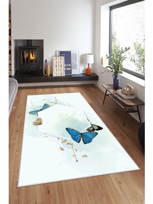 Kazan Hobi Pelangi Beyaz Zemin Kelebekli Yıkanabilir Kaymaz Taban Leke Tutmaz Modern Salon Halısı ve Yolluk, Beyaz 40 x 40, 74571090404005