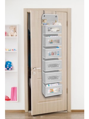 Kazan Hobi 6 Katlı Kapı Arkası Düzenleyici Raf Bebek Eşyası Çocuk Odası Banyo Organizer (Gri - Beyaz Çizgili)
