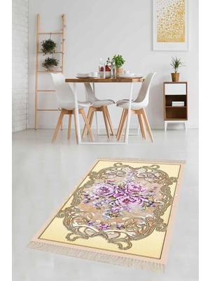 Kazan Hobi Pelangi Çiçek Gül Desenli Dijital Baskı Yıkanabilir Kaymaz Taban Leke Tutmaz Modern Salon Halısı, Sarı-Lila 80 x 600