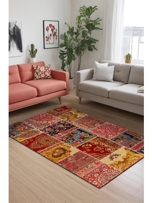 Kazan Hobi Silena Vintage Desenli Şönil Pamuk Tabanlı Yıkanabilir Kaymaz Antibakteriyel Salon Halısı 80X200