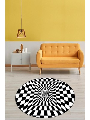 Kazan Hobi Pelangi Geometrik 3 Boyutlu Çark Desenli Dijital Baskı Yıkanabilir Kaymaz Taban Spor Yuvarlak Halı, Deep Siyah 60 x 60
