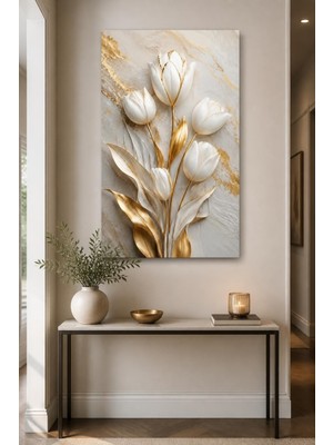 Mythog Beyaz Lale Desenli Baskılı Cam Tablo – Gold Detaylı Uv Baskı Duvar Dekoru