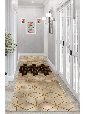 Kazan Hobi Pelangi Balpeteği Geometrik Desenli Etnik Dijital Baskı Yıkanabilir Kaymaz Taban Salon Halı ve Yollu, Gold-Sütlü Kahve 100 x 200, 95551038111002007